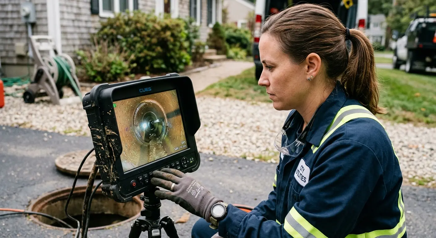 Technician reviewing sewer camera inspection footage in St. John