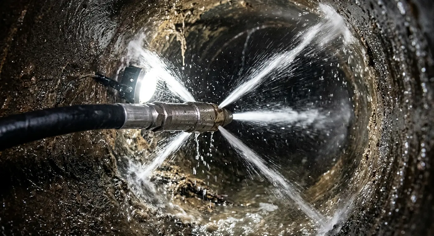 High-pressure hydro jetting nozzle cleaning sewer pipe for Sewer Line Relining in St. John