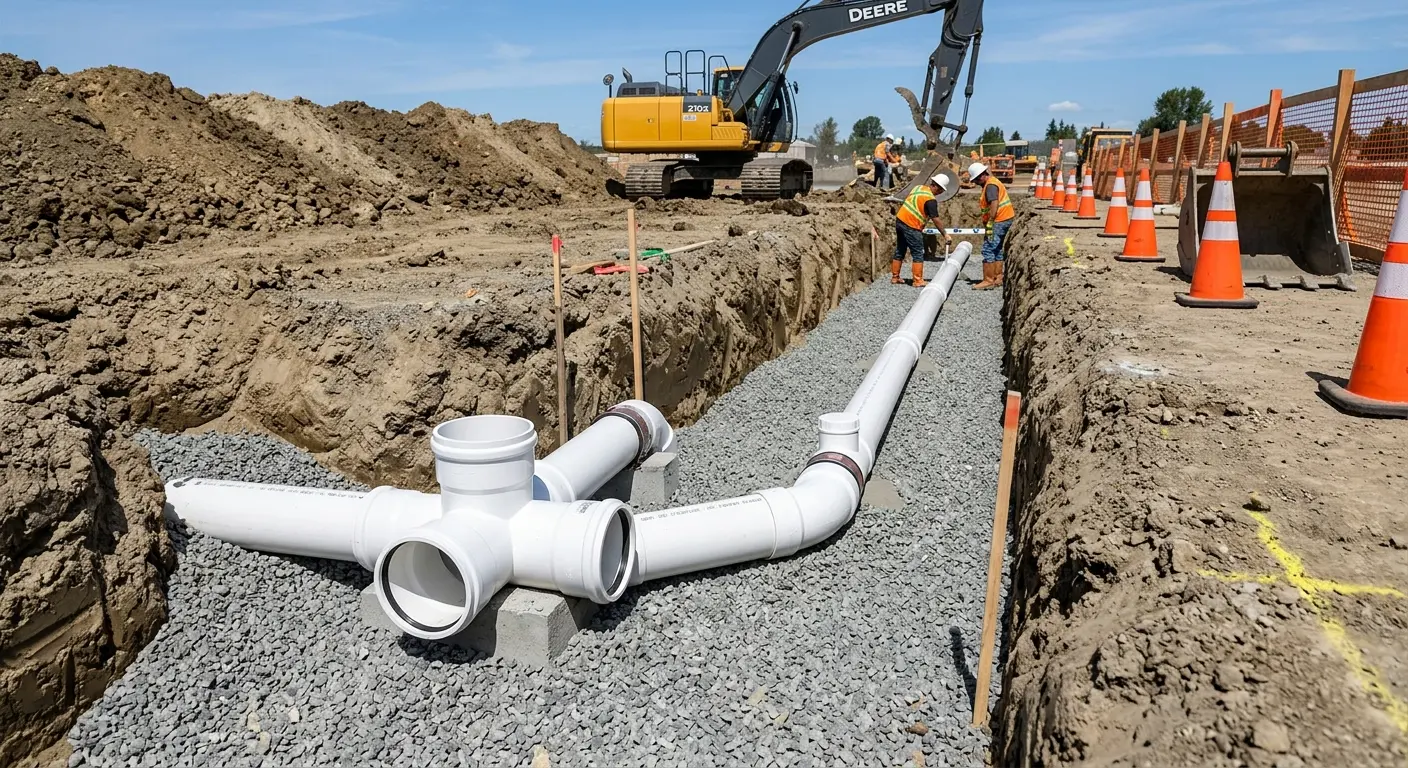 New PVC sewer pipe installation in open trench for Commercial Drain Cleaning in St. John