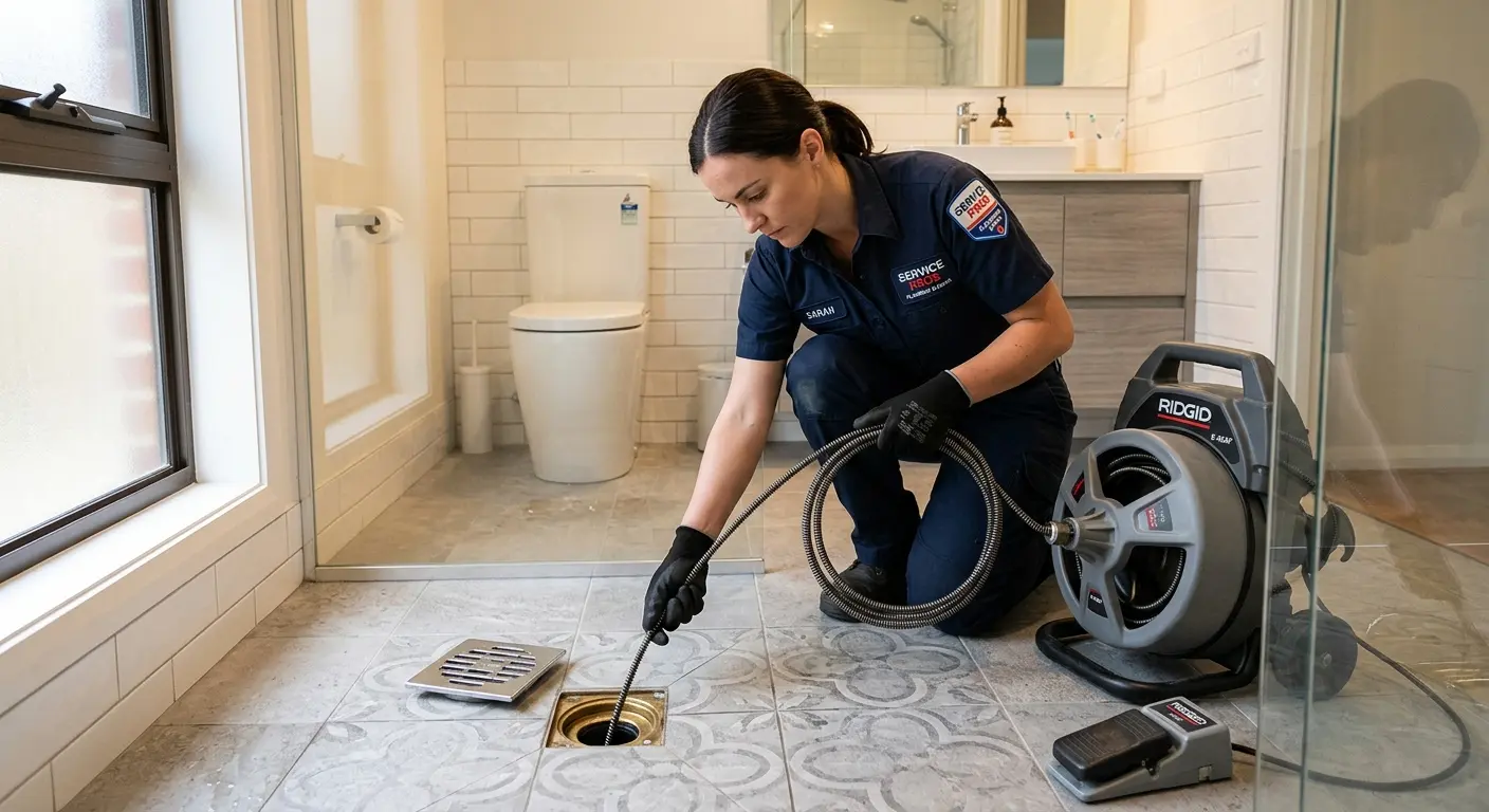 Technician clearing a bathroom floor drain for Hydro Jetting in St. John